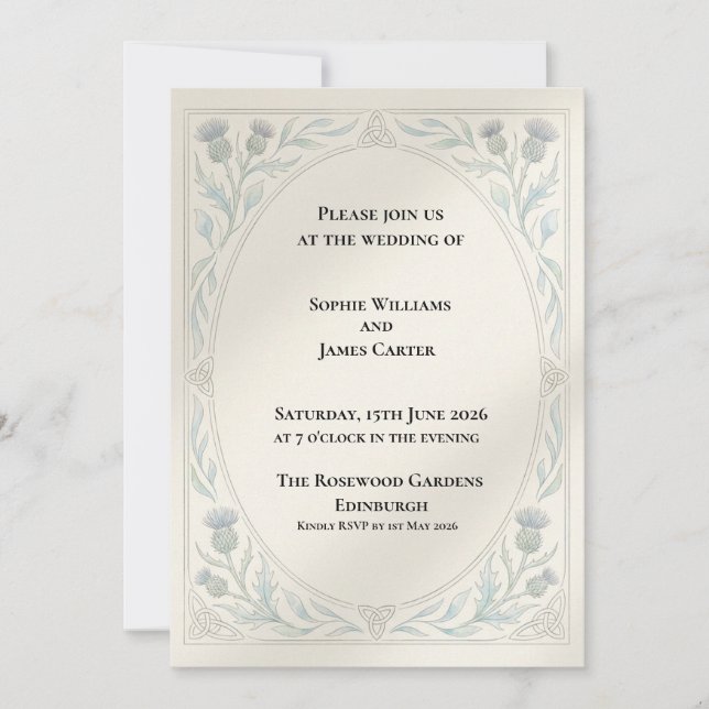 Invitación de boda con borde botánico gris azul (Anverso)