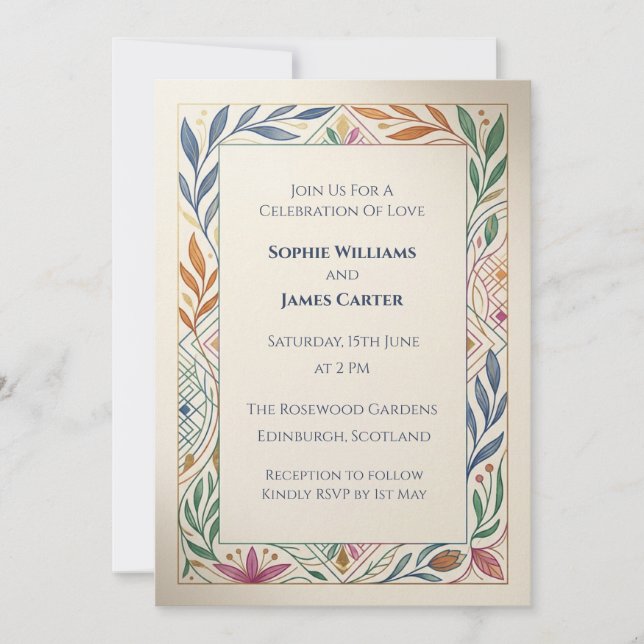 Invitación de boda con borde botánico pastel (Anverso)