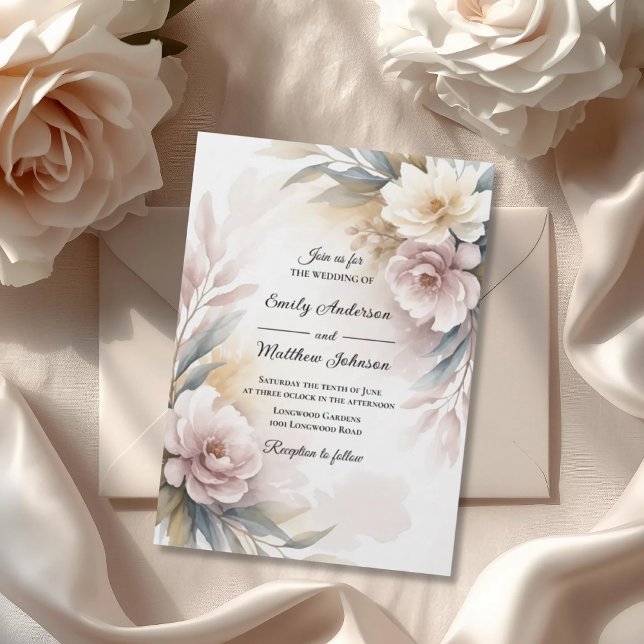Invitación de boda con borde botánico suave rosa (Subido por el creador)