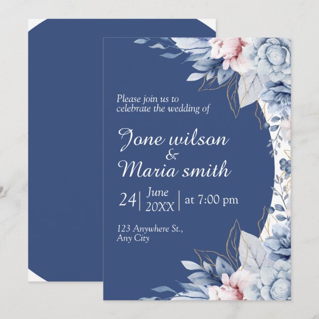 Invitación de boda con borde de flor azul (Anverso / Reverso)