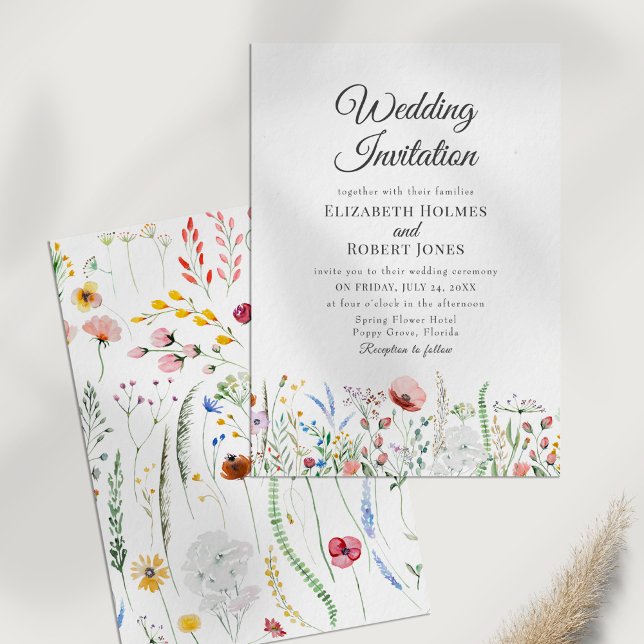 Invitación de Boda con Borde de Flores Silvestres (Boho Colorful Wildflower Meadow Wedding Invitation on a white table.)