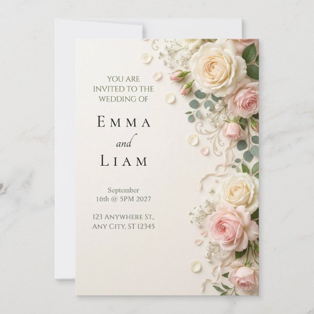 Invitación de boda con borde de jardín de rosas so (Anverso)