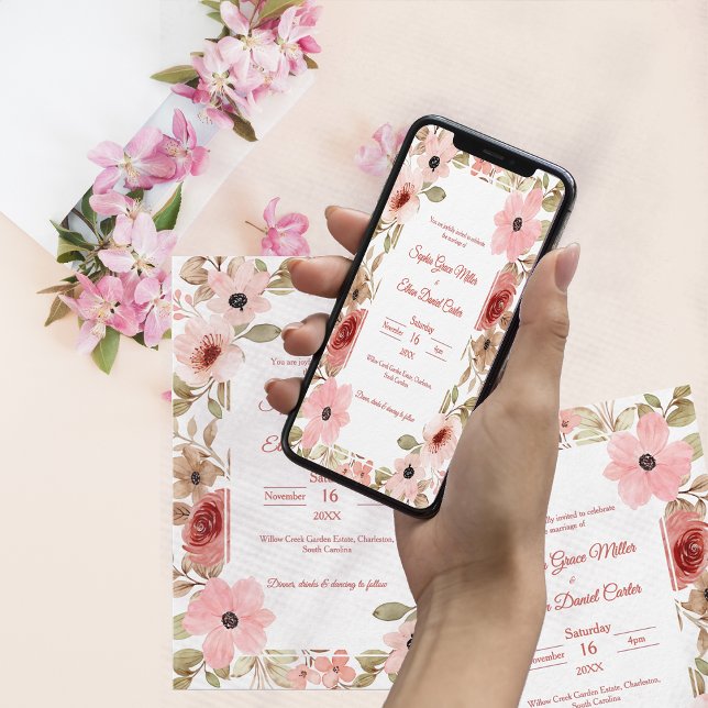 Invitación de boda con borde de jardín floral rosa (Blush Floral Garden Border Wedding Invitation)