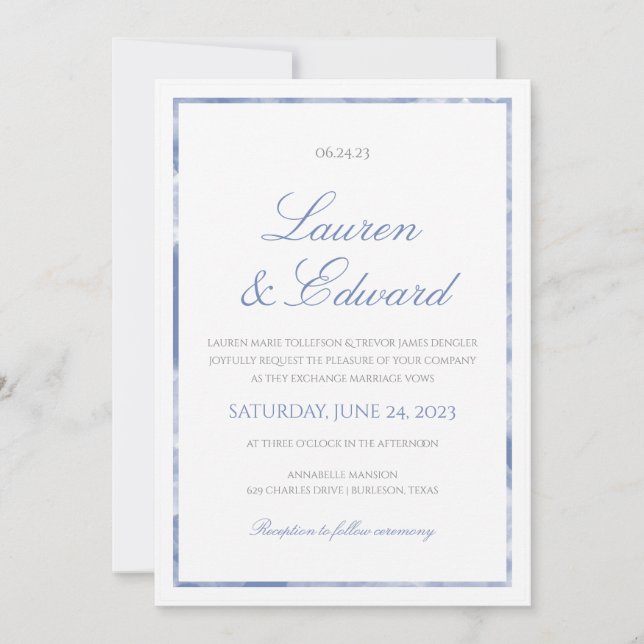 Invitación de boda con borde de mármol - Azul acia (Anverso)
