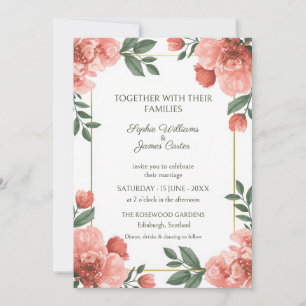 Invitación de boda con borde de oro rosa coral