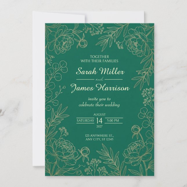 Invitación de boda con borde de peonía dorada esme (Anverso)