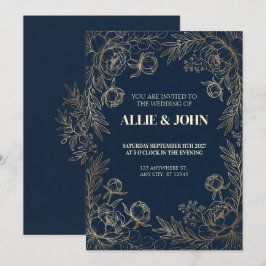 Invitación de boda con borde de peonía dorada y az