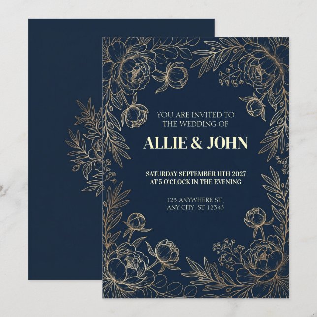 Invitación de boda con borde de peonía dorada y az (Anverso / Reverso)