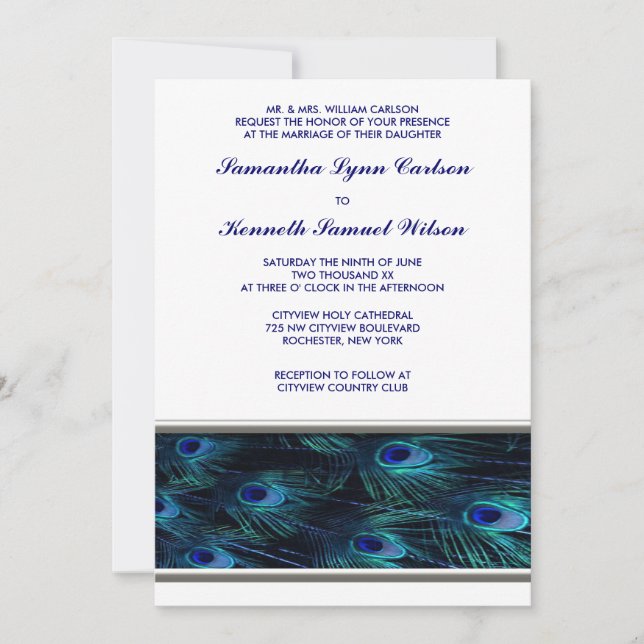 Invitación de boda con borde de plata y pavo real  (Anverso)