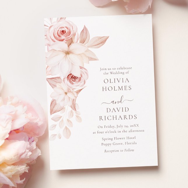 Invitación de boda con borde de rosa de blush suav (Bohemian White and Pink Roses Wedding Invitation on a pastel pink table with pale pink peonies.)