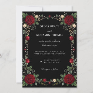Invitación de boda con borde de rosa roja negra
