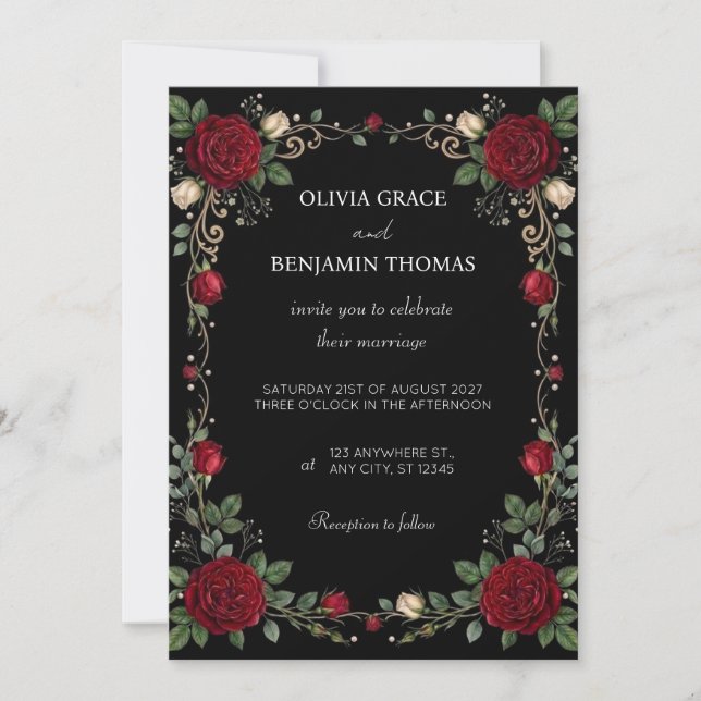 Invitación de boda con borde de rosa roja negra (Anverso)