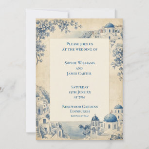 Invitación de boda con borde de Santorini de azule