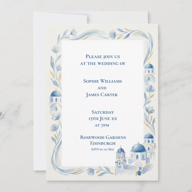 Invitación de boda con borde de Santorini del Egeo (Anverso)