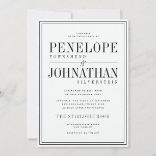 Invitación de boda con borde de texto serif negro