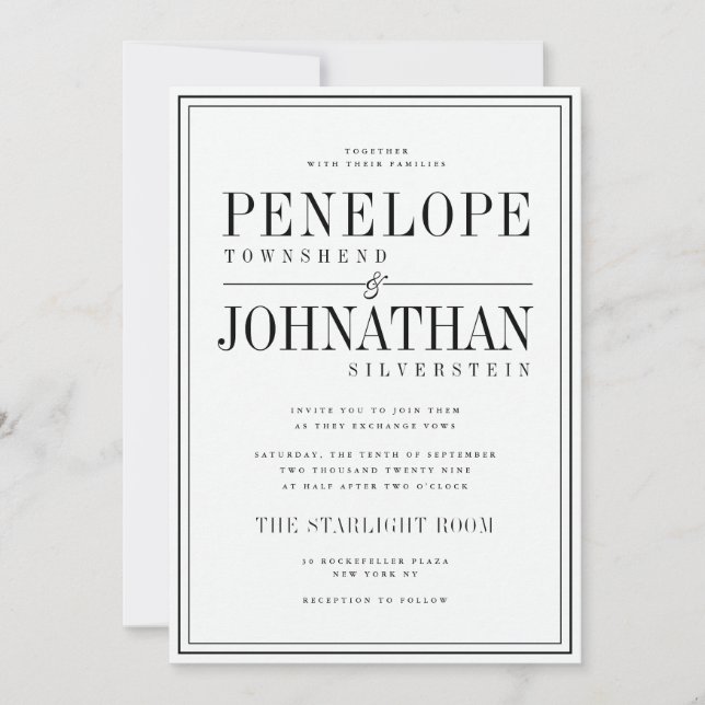 Invitación de boda con borde de texto serif negro  (Anverso)