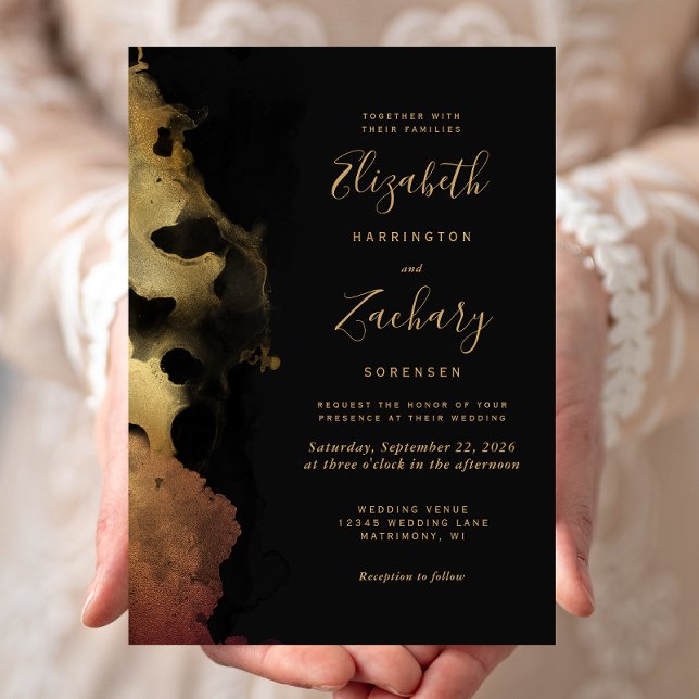 Invitación de Boda con Borde de Tinta Dorada Negra (Subido por el creador)