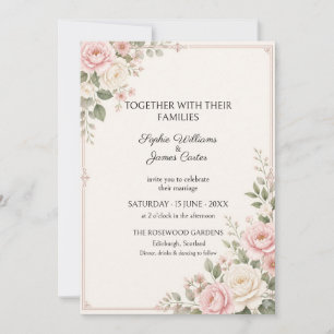 Invitación de boda con borde de vegetación y rosa