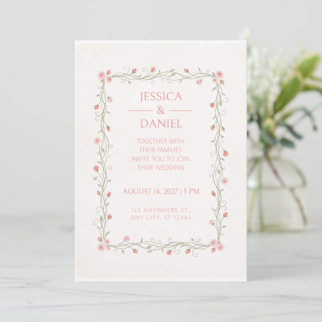 Invitación de boda con borde de viña rectangular R (Anverso de pie)