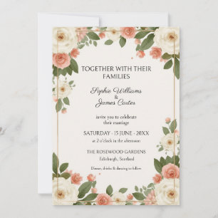 Invitación de boda con borde dorado y vegetación d