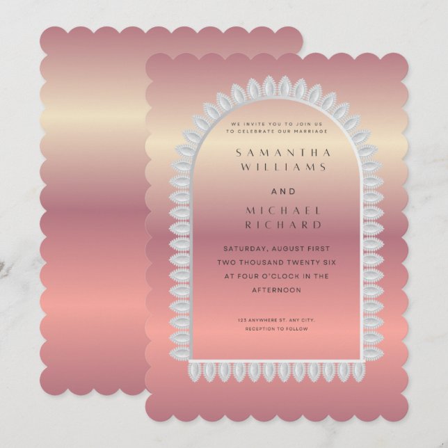 Invitación de boda con borde escalonado en oro ros (Anverso / Reverso)