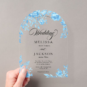 Invitación de boda con borde floral azul