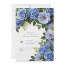 Invitación de boda con borde floral azul polvorien