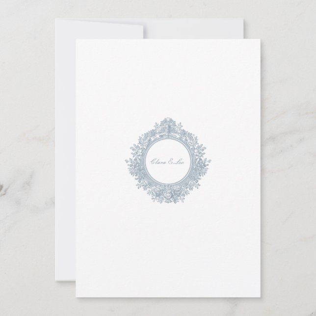 Invitación de boda con borde floral azul polvorien (Reverso)