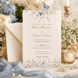 Invitación de boda con borde floral azul polvorien