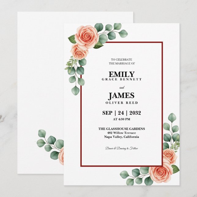Invitación de boda con borde floral de eucalipto r (Anverso / Reverso)