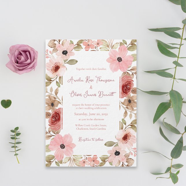 Invitación de boda con borde floral de jardín romá (Romantic Garden Floral Border Wedding Invitation)