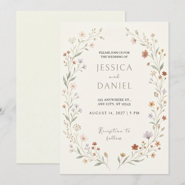 Invitación de boda con borde floral de melocotón s (Anverso / Reverso)