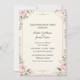 Invitación de boda con borde floral en rosa dorado