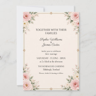 Invitación de boda con borde floral en rosa dorado