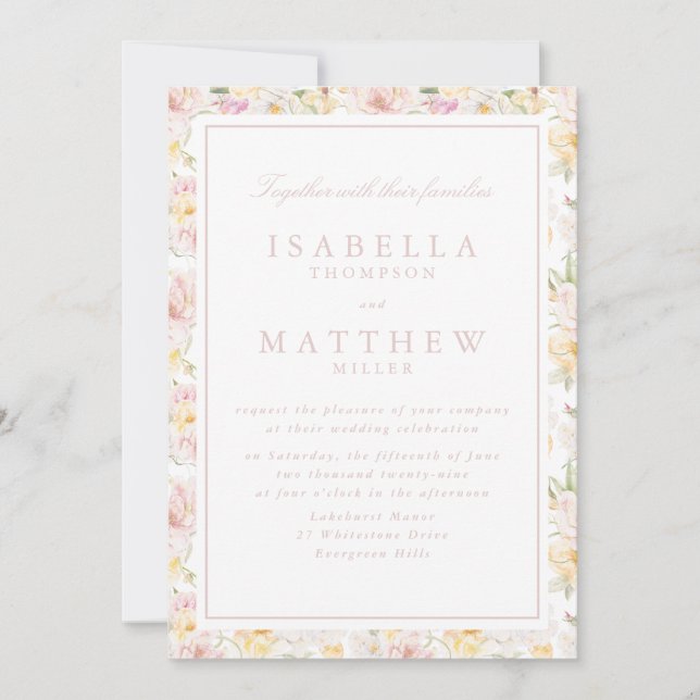 Invitación de boda con borde floral pastel (Anverso)