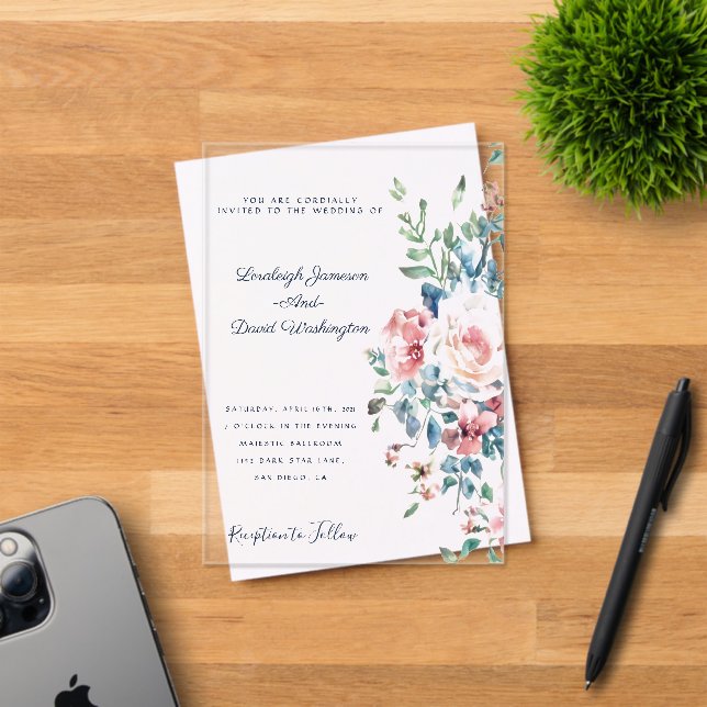 Invitación de boda con borde floral rosa y azul (Insitu (Tarjeta de Invitación))