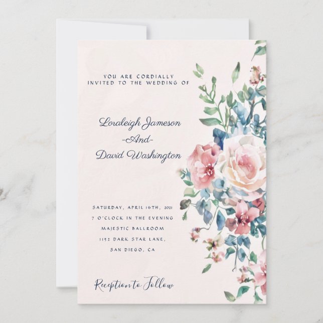 Invitación de boda con borde floral rosa y azul (Anverso)