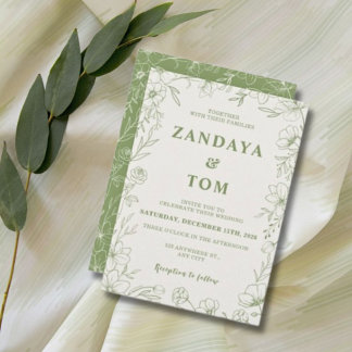 Invitación de boda con borde floral verde y crema