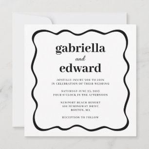 Invitación de boda con borde ondulado blanco y neg