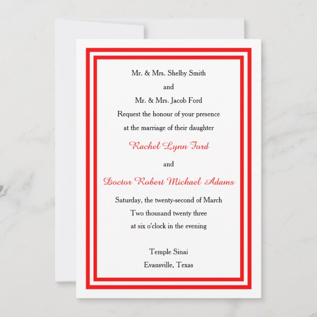 Invitación de boda con borde rojo doble de 5x7 (Anverso)
