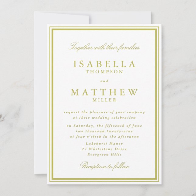 Invitación de boda con borde verde cítrico (Anverso)