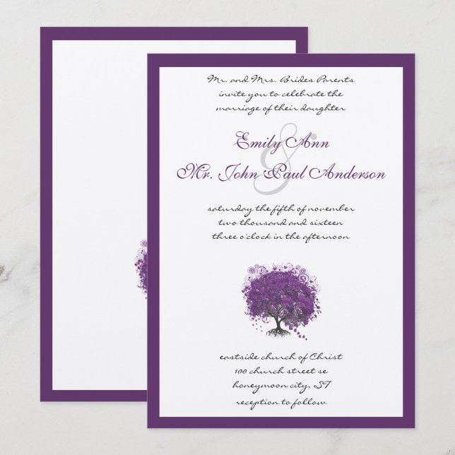 Invitación de boda con bordes de árbol de hoja de  (Anverso / Reverso)