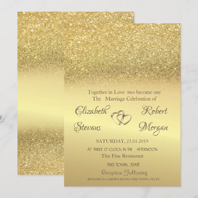 Invitación de boda con brillo dorado y bokeh elega (Anverso / Reverso)