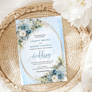 Invitación de boda con brillo dorado y flores azul