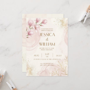 Invitación de boda con brillo dorado y magnolia ro