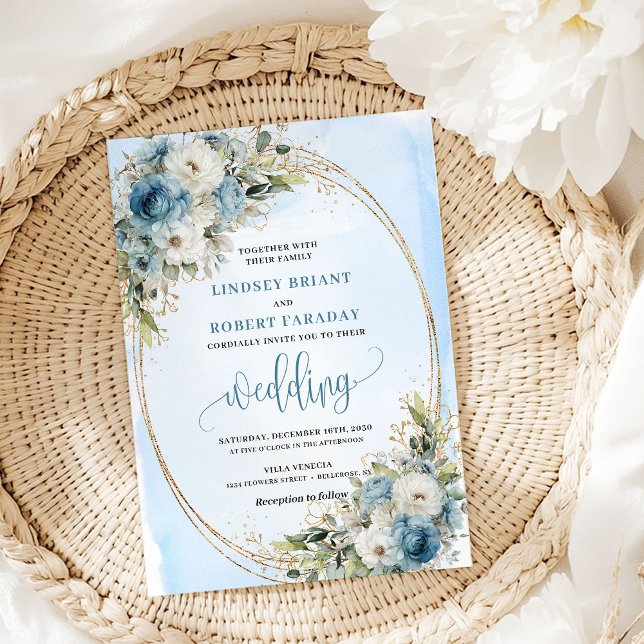Invitación de boda con brillo floral azul pastel b (Boho Pastel Blue Floral Glitter wedding invite

)
