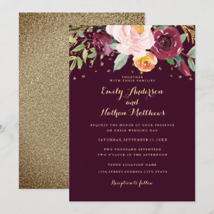 Invitación de boda con brillo floral dorado Borgoñ