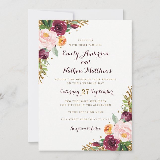 Invitación de boda con brillo floral dorado de Bor (Anverso)
