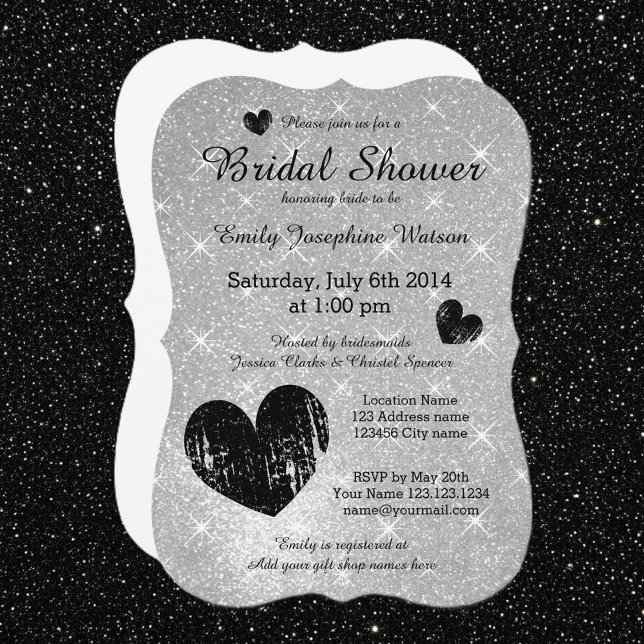Invitación de boda con brillo negro plateado falso (silver bridal shower invitations)