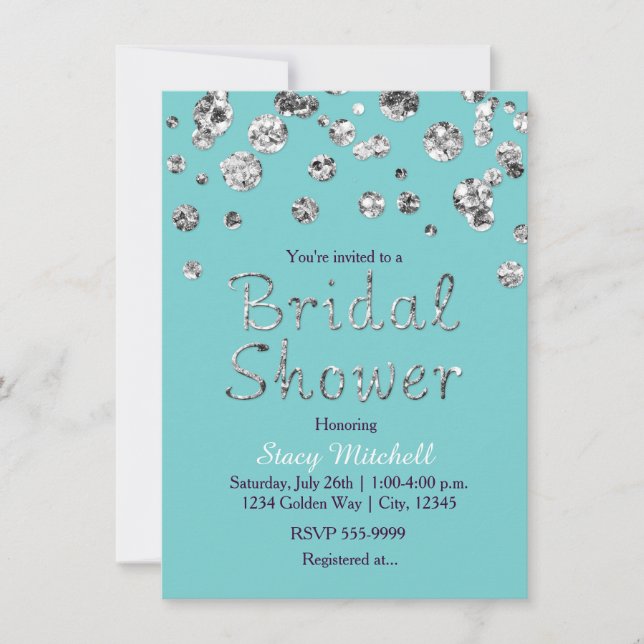 Invitación de boda con brillo plateado turquesa (Anverso)